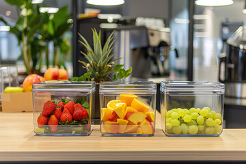 Glass containers with fruit on a counter in the office.  Healthy and sustainable living and eco packaging. 