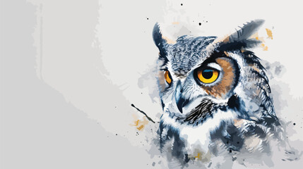 An owl with yellow eyes is painted in watercolor