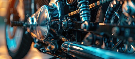 Detailed close-up view of a motorcycle engine, showcasing the rear chain and brake disk in focus. The mechanical components are visible, highlighting the intricate design and functionality of the - obrazy, fototapety, plakaty