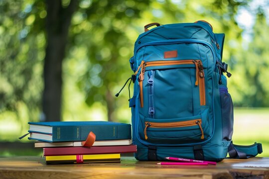 Backpacking in Style A Blue Backpack and Books for a Monthly Adventure Generative AI