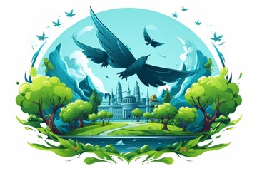Illustration of a mosque in the middle of the city and flying birds