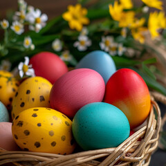 Fototapeta na wymiar Easter eggs in a basket on a wooden background with spring flowers