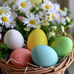 Colorful easter eggs in a basket with daisies.