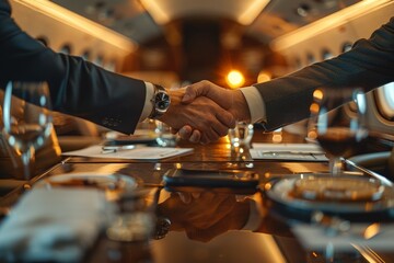 Naklejka premium Close up business professional handshake with new partnership on private jet meeting room. Generative AI