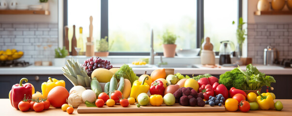 Background with the fruits and vegetables lying on the table in the kitchen. Healthy food and cooking concept.