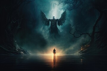 man on boat facing a legendary angel in the dark forest hd wallpaper