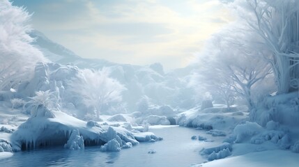 A picturesque, AI-generated winter landscape is transformed into a dreamscape by intricate ice sculptures, each an artistic masterpiece carved by AI. 
