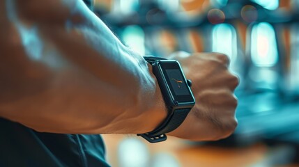 Close-up of a muscular arm with a smartwatch displaying a heart rate monitor in a gym environment.