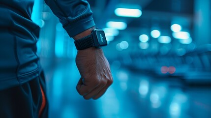 A person checks a health application on a smartwatch against a blue-lit futuristic gym backdrop.