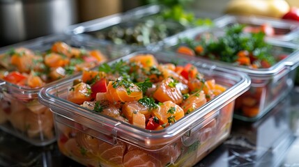 Glass containers showcasing a colorful meal prep of salmon and diced vegetables garnished with parsley, ready for the week.