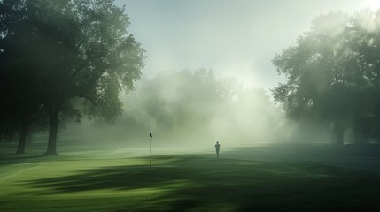 A solitary golfer stands on a serene, mist-covered golf course in the early morning, surrounded by lush trees.