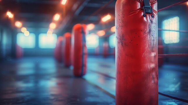 A row of red punching bags in a boxing gym with a hazy, atmospheric ambiance highlighted by soft, glowing lights.