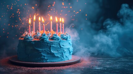 cake with burning candles dark background - obrazy, fototapety, plakaty