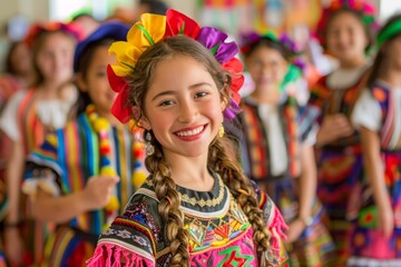 Fototapeta premium Cheerful Young Girl in Colorful Traditional Dress with Flowers Celebrating Cultural Festival with People in Background