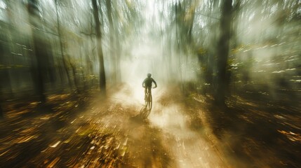 A cyclist ventures through a misty forest bathed in the ethereal glow of morning sunlight, creating a dreamlike atmosphere.