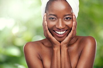 Hair towel, portrait or black woman in studio for skincare, wellness or dermatology results on...
