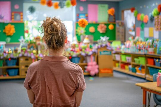 Female Educator in Classroom Admiring Students' Artwork Displayed on Colorful Walls