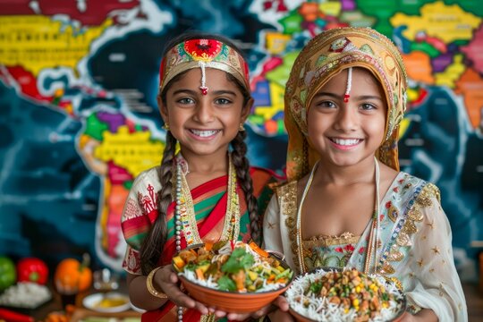 Portrait of Two Smiling Young Girls Dressed in Traditional Indian Attire Holding Diyas with World Map in Background