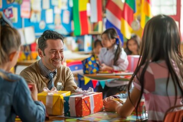 Smiling Male Teacher in Colorful Classroom Celebrating Student's Birthday with Children and Presents