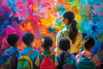 Young Students with Backpacks Admiring Colorful Vibrant Abstract Art Mural Outdoors
