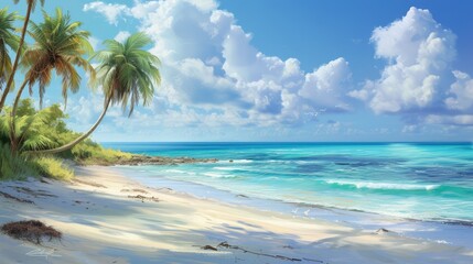 Beautiful sandy beach with clear turquoise ocean and palm trees. .Photorealistic illustrartion