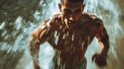 A close-up of an intense male athlete working out, with water cascading down, highlighting determination and power.