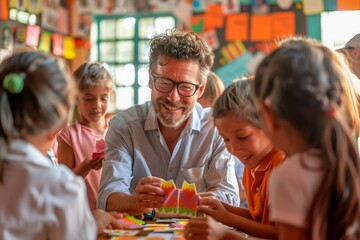 Smiling Male Teacher Engaged in Arts and Crafts with Young Students in a Bright Classroom Environment - obrazy, fototapety, plakaty