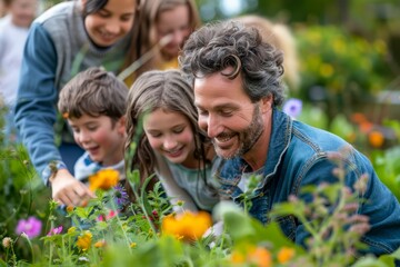 Happy Family Enjoying Summer Day Together in Blossoming Garden, Fun Outdoor Activities, Gardening with Kids, Smiling Parent Spending Quality Time with Children Amongst Colorful Flowers