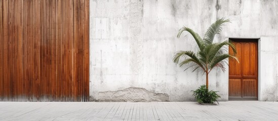 A tall palm tree stands in front of a building, with its fronds reaching towards the sky. The building has an elegant contrast of old brown and wooden walls against a white concrete wall.