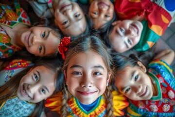 Fototapeta na wymiar Group of Diverse Children Smiling Together in Colorful Clothes Top View