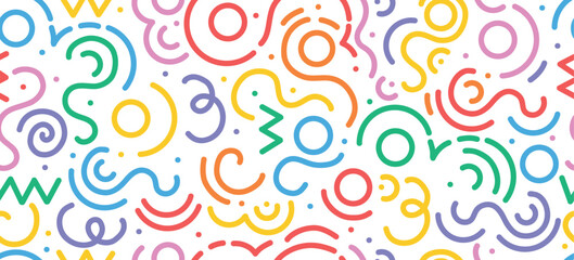 Fun colorful line doodle seamless pattern. Creative minimalist style art background for children or trendy design with basic shapes. Simple party confetti texture, childish scribble shape backdrop