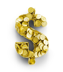 Pile of coins in form of dollar sign isolated on a white background. 3d illustration