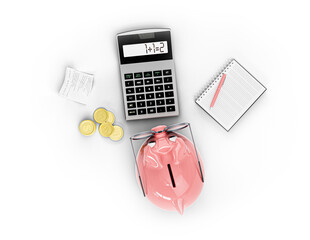 Cute piggy bank with money, notebook and calculator isolated on white background. 3d illustration