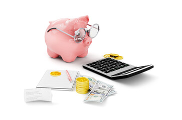 3d rendering of cute piggy bank with money, notebook and calculator isolated on white background