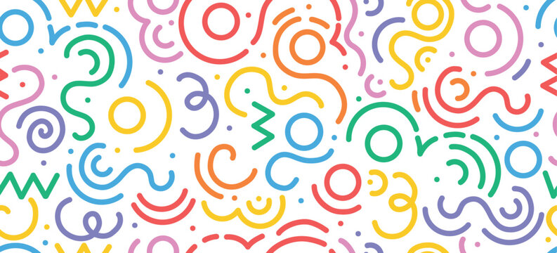 Naklejki Fun colorful line doodle seamless pattern. Creative minimalist style art background for children or trendy design with basic shapes. Simple party confetti texture, childish scribble shape backdrop