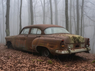 Abandoned Vehicle in Misty Forest