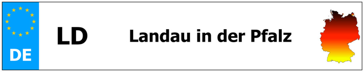 Landau in der Pfalz Autokennzeichen Aufkleber Name und Karte von Deutschland. Fahrzeugkennzeichen Rahmen deutsche Nummer