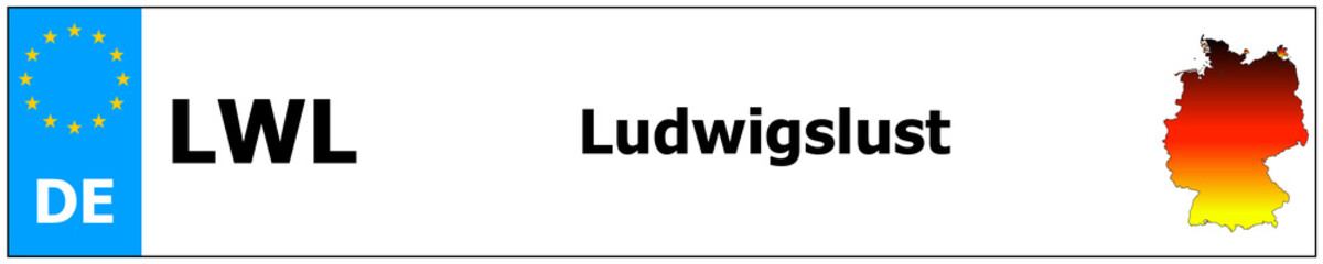 Ludwigslust Autokennzeichen Aufkleber Name und Karte von Deutschland. Fahrzeugkennzeichen Rahmen deutsche Nummer