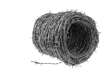 Roll barbed wire close-up on white isolated background for creating property protection fences and...