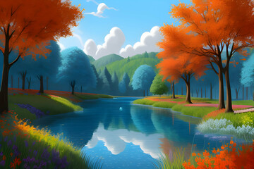 Beautiful and Peaceful Nature Scenery Illustration, Landscape, Countryside, Tranquil, Vibrant and Colorful