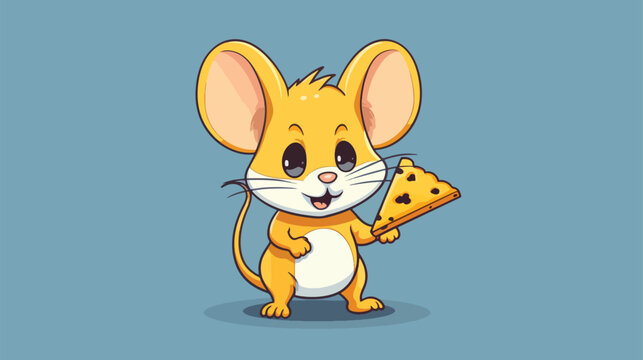 Flat logo of Cute mouse eating cheese cartoon