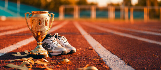  trophée en or posé à côté de chaussures de course sur une piste d'athlétisme - obrazy, fototapety, plakaty