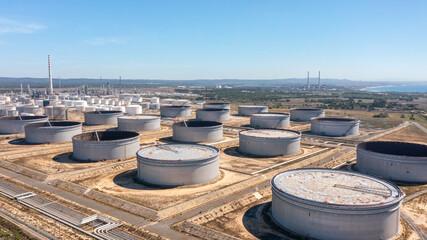 Portugal Sines oil terminal storage tanks, aerial view, oil and gas storage tanks, oil refinery...