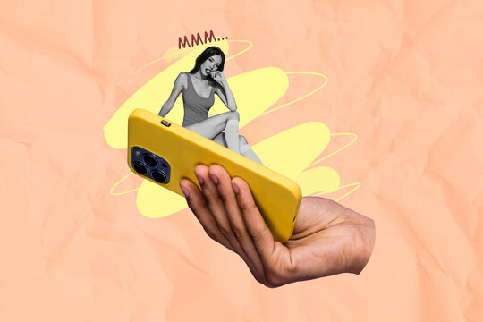 Artwork collage sketch of sexy attractive flirty miniature woman sitting on phone screen display biting lips mmm