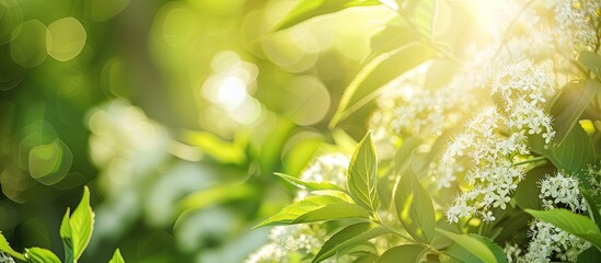 A detailed view of a green plant with delicate white flowers blooming in a spring garden, showcasing the natural beauty of Sambucus nigra black elderberry. - obrazy, fototapety, plakaty
