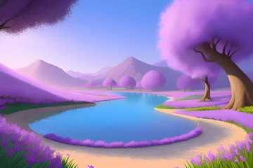 Cercles muraux Violet Beautiful and Peaceful Nature Scenery Illustration, Landscape, Countryside, Tranquil, Vibrant and Colorful