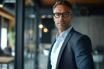 Fototapeta premium Stylish businessman in modern office space with a focused and determined look