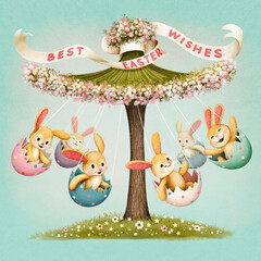 Happy Easter greeting card or poster with flower carousel and bunnies in Easter egg