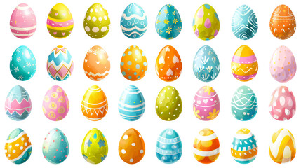Colorful Easter eggs with various patterns on a white background, representing spring and festive joy.