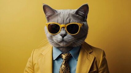 Funny cat dressed as businessman, wearing formal suit, sunglass and tie, on yellow background looking serious.  Generative AI - obrazy, fototapety, plakaty